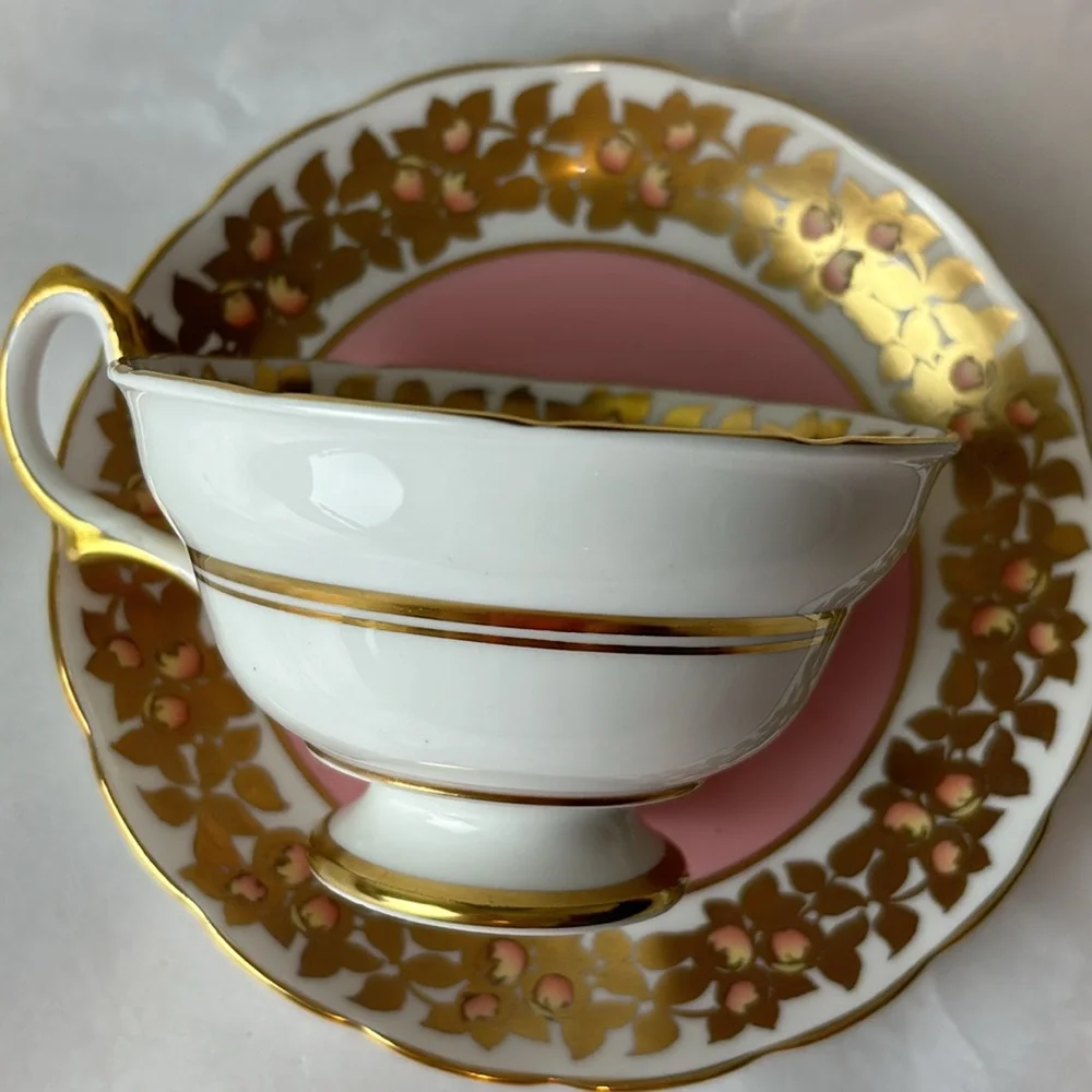 Antique Grosvenor Tea Cup and Saucer Set heavy gold vine with peaches